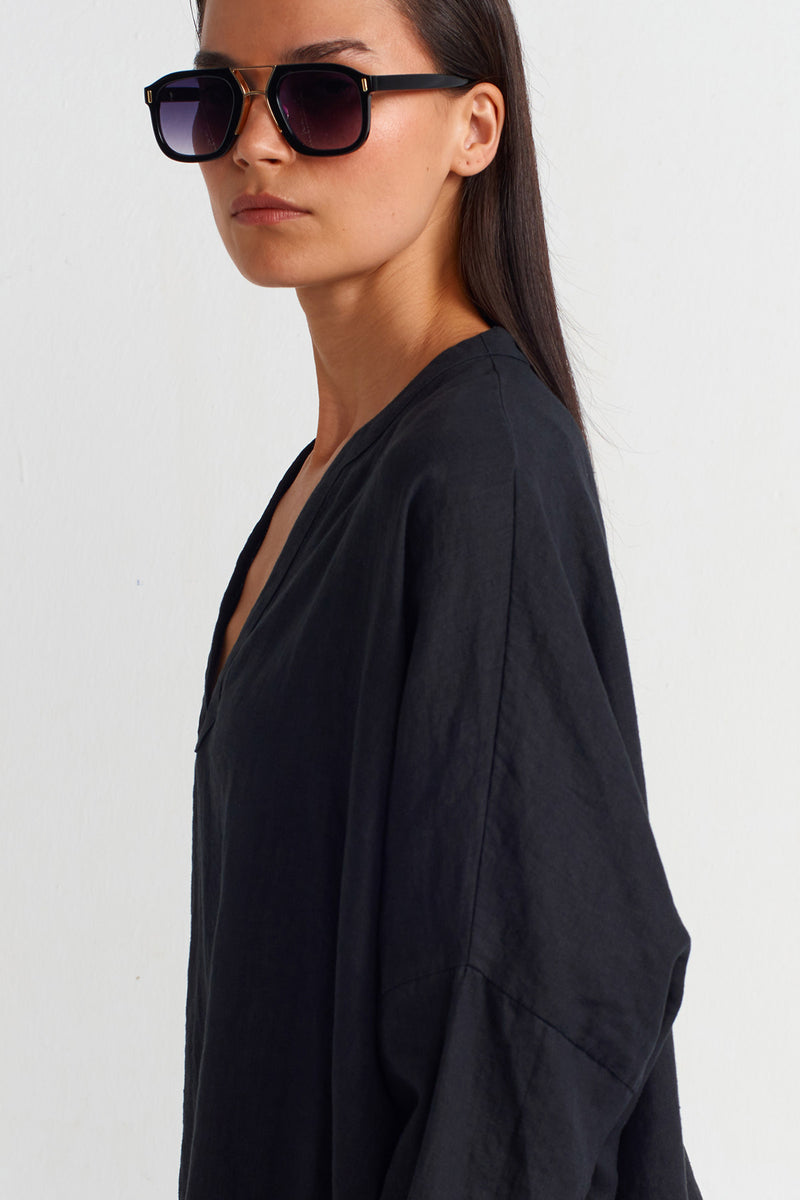 NU V Neck Long Sleeve Linen Blouse Black
