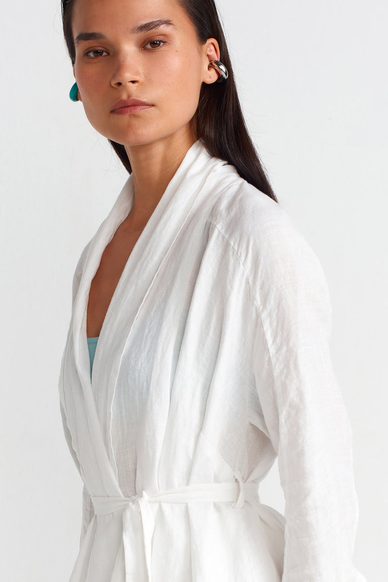 Nu Shawl Collar Belted Linen Blouse Off White