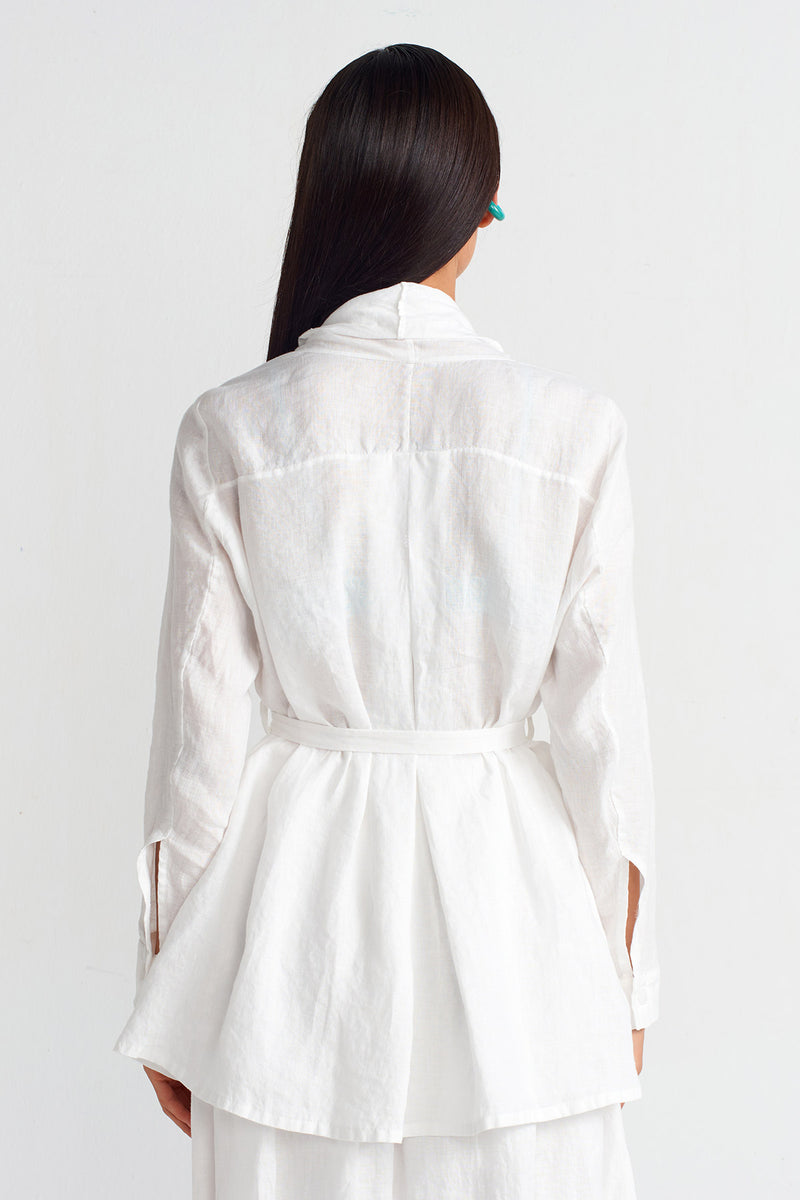 Nu Shawl Collar Belted Linen Blouse Off White