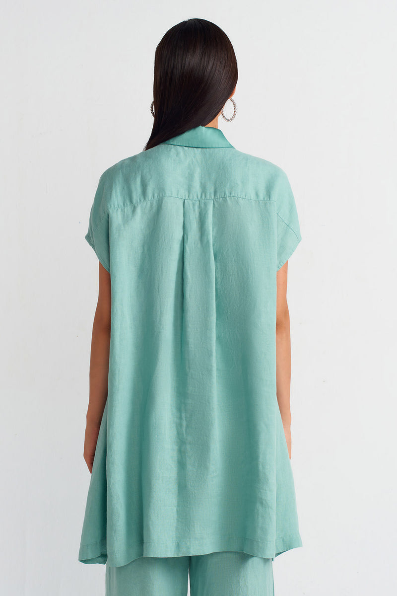 NU Linen Silver Button Shirt Turquoise