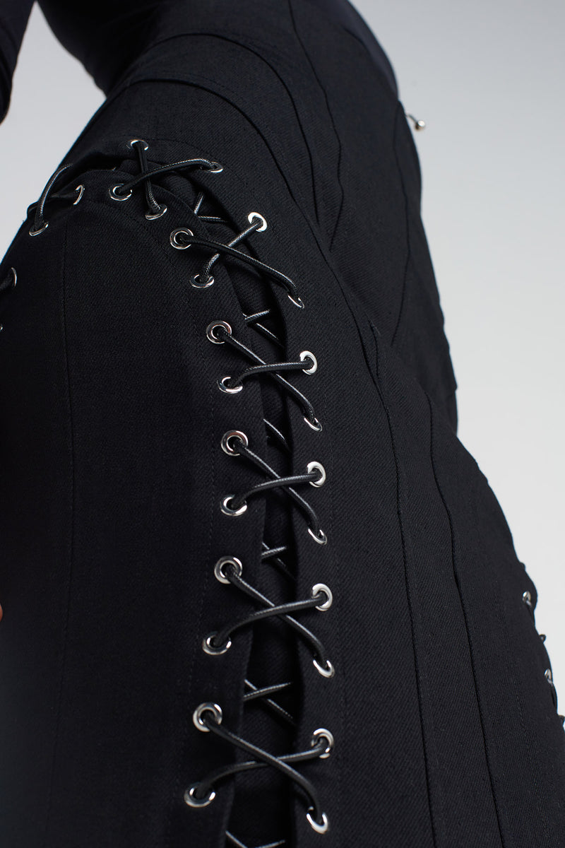 NU Bird-Eye And Lace-Up Detail Fish Tail Skirt Black