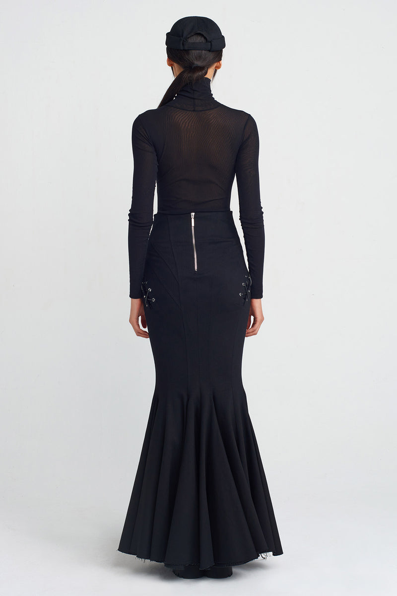 NU Bird-Eye And Lace-Up Detail Fish Tail Skirt Black