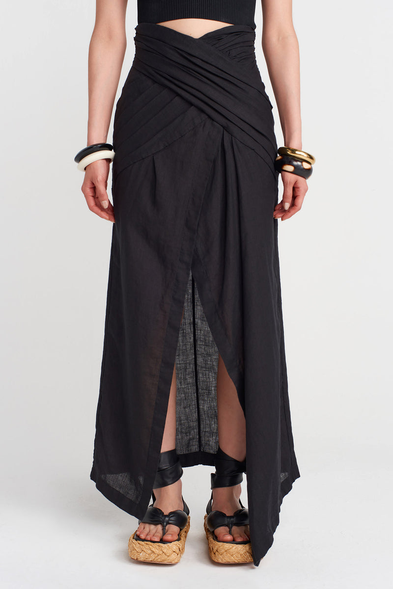 NU Linen Skirt With Draped Waist Black
