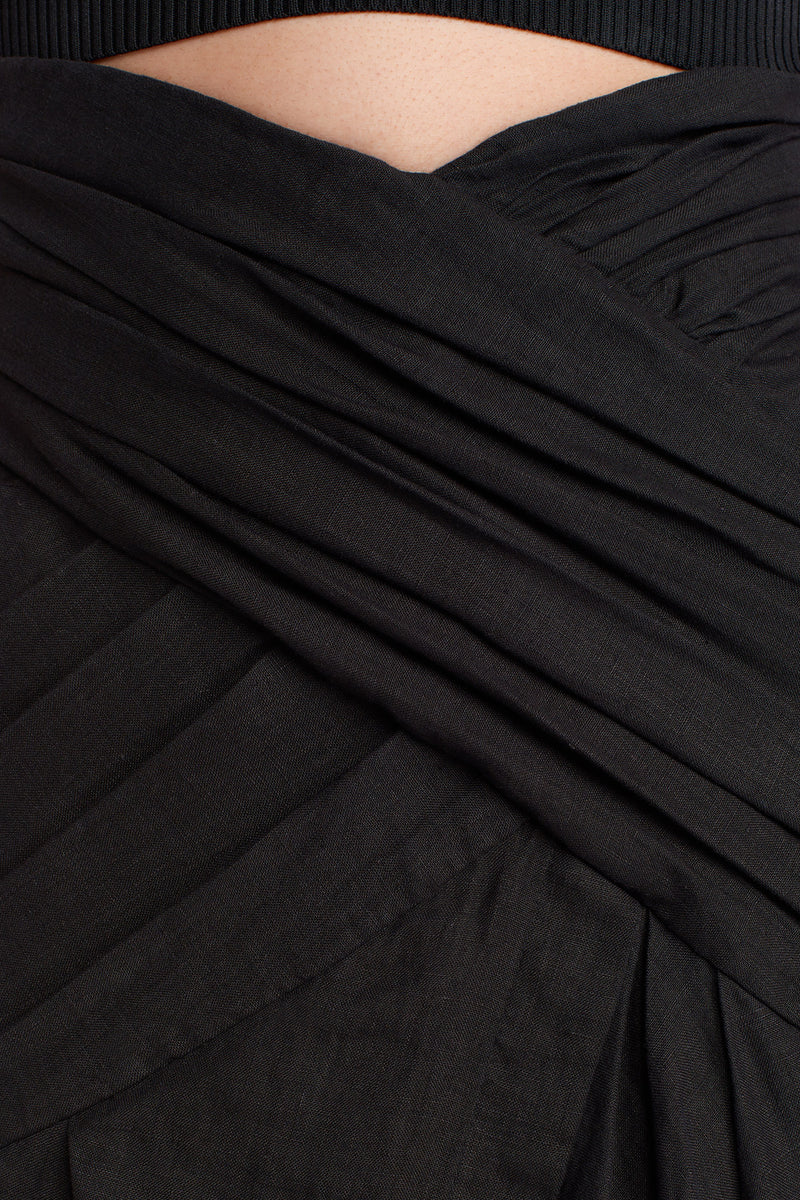 NU Linen Skirt With Draped Waist Black