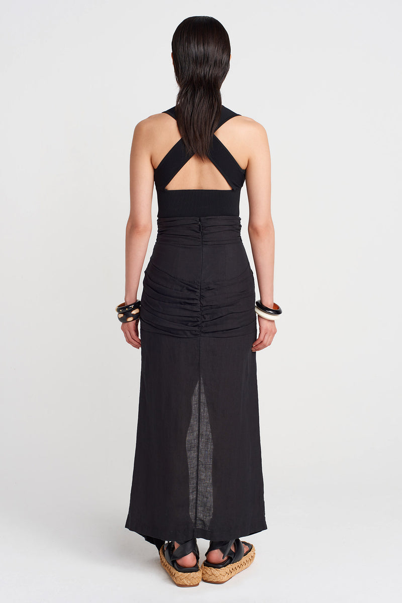 NU Linen Skirt With Draped Waist Black