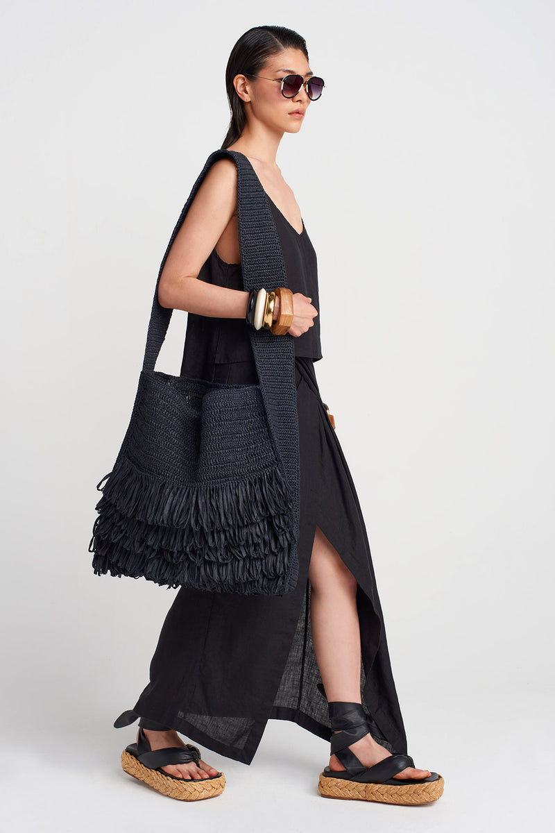 NU Linen Skirt With Draped Waist Black