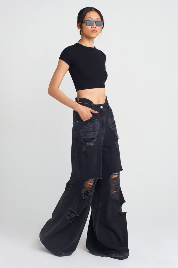 NU Distressed Detail Denim Pants Black
