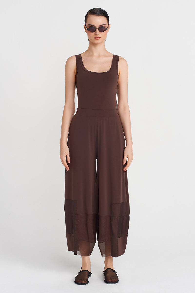 Nu Jersey Pants With Organza And Taffeta Striped Details Chocolate Brown