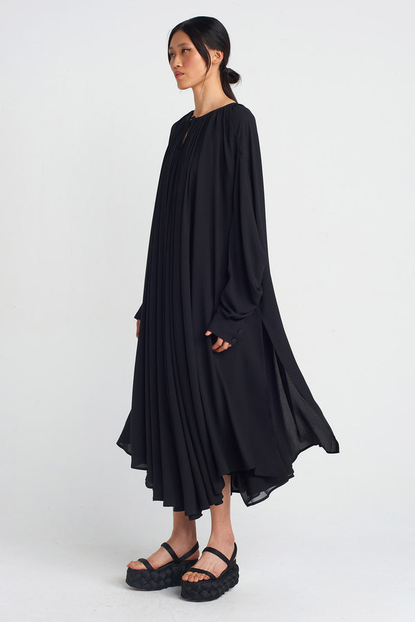 NU Chiffon Long-Sleeve Midi Dress Black