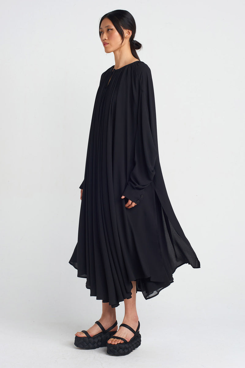 NU Chiffon Long-Sleeve Midi Dress Black