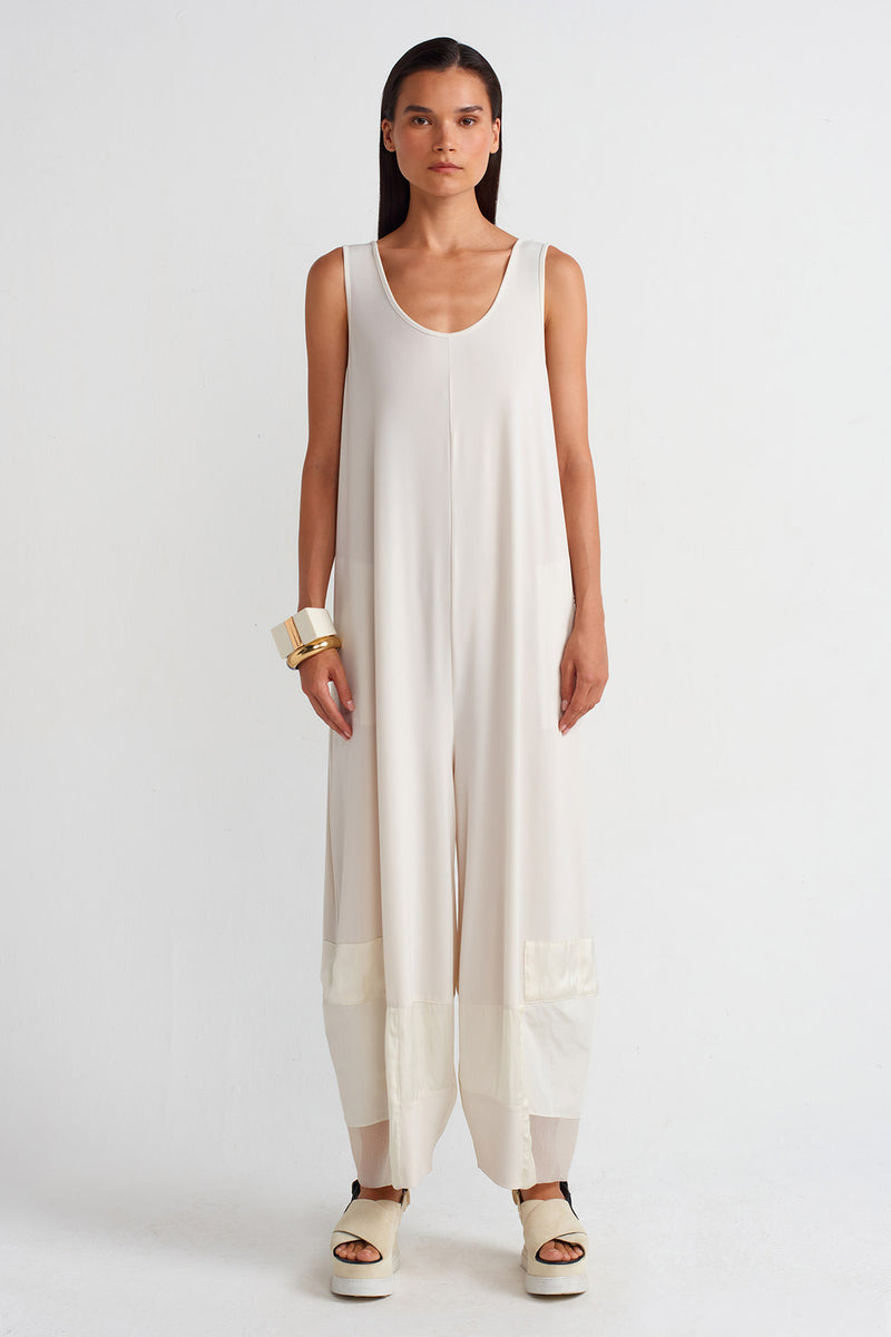 Nu Organza And Taffeta Striped Jersey Jumpsuit Ecru
