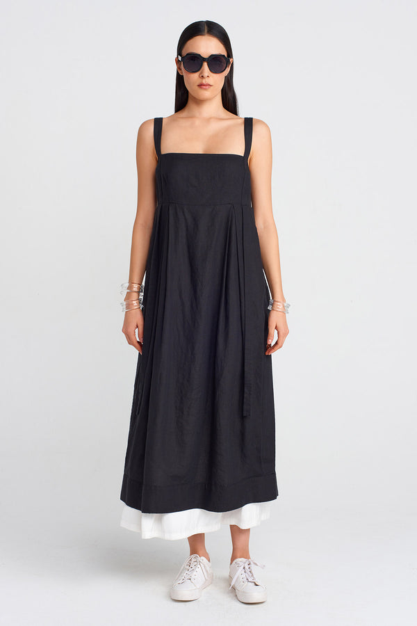 NU Strappy Linen And Satin Combination Dress Black/Offwhite
