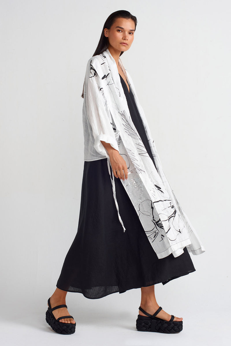 Nu Printed Linen Long Kimono Off White/Black