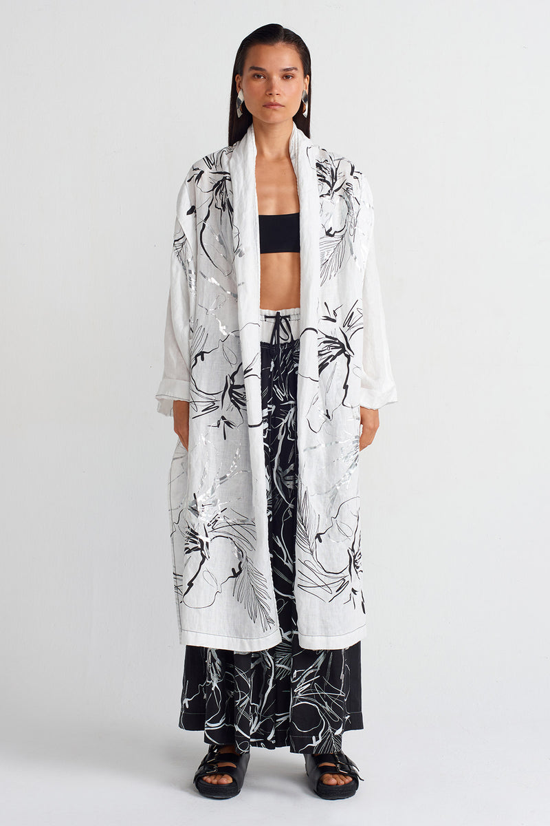 Nu Printed Linen Long Kimono Off White/Black