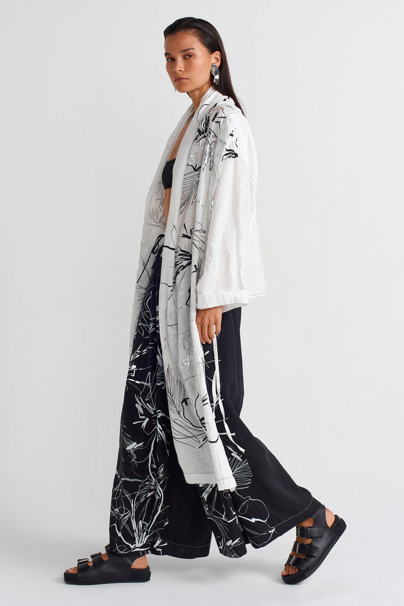 Nu Printed Linen Long Kimono Off White/Black