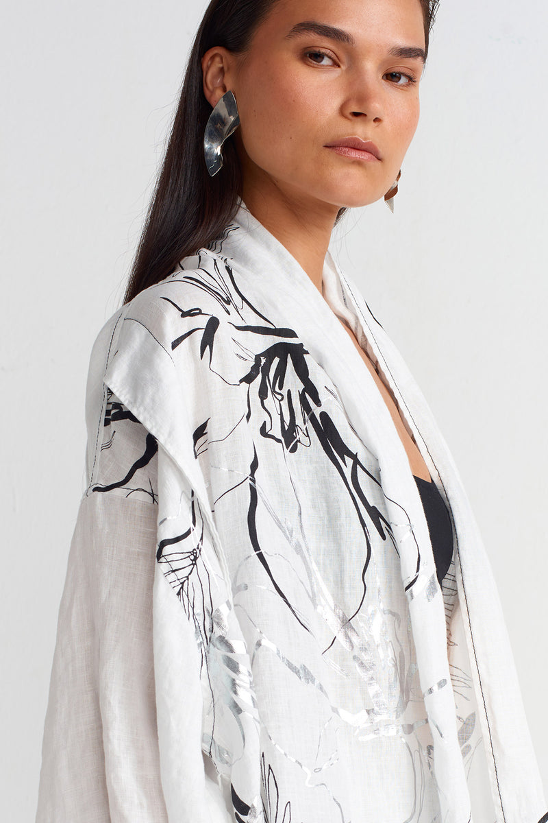 Nu Printed Linen Long Kimono Off White/Black