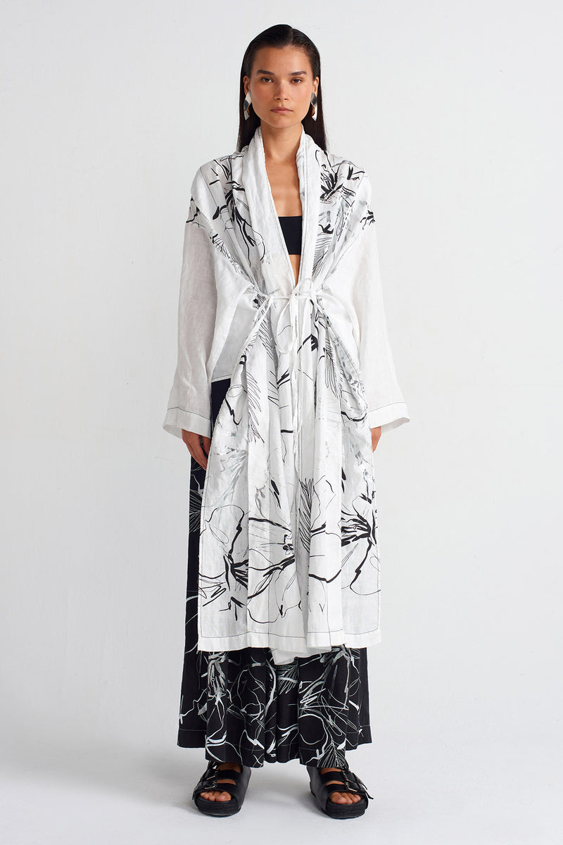 Nu Printed Linen Long Kimono Off White/Black