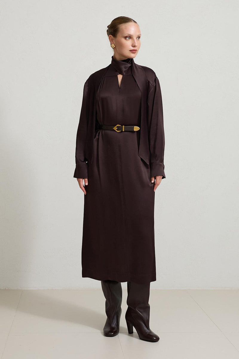 Setre Neck Detailed Waist Belted Dress Burgundy
