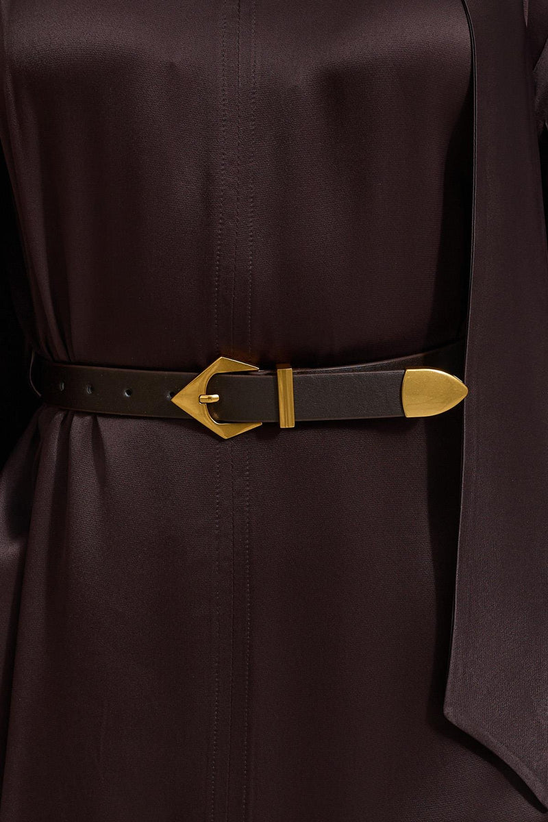 Setre Neck Detailed Waist Belted Dress Burgundy