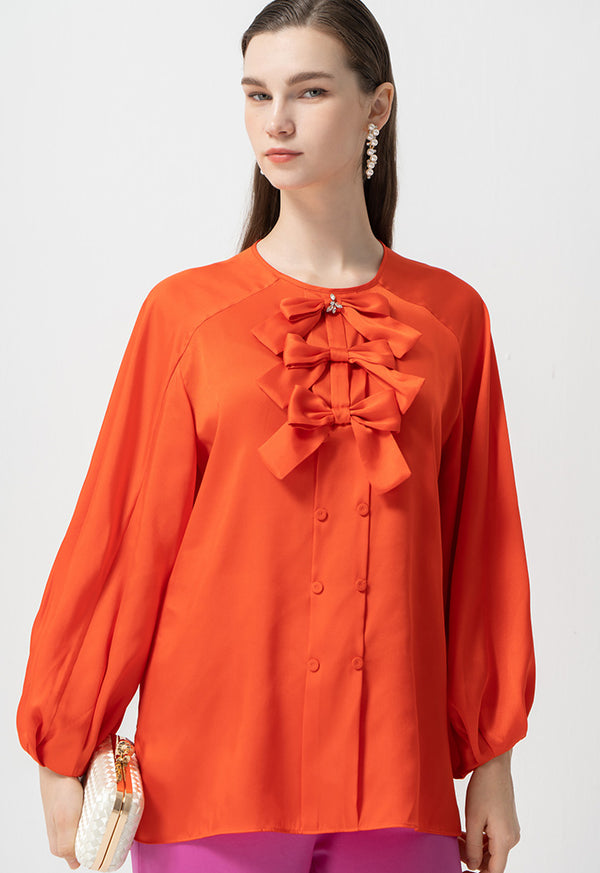 Choice Round Neck Embellished Crystal Ribbon Blouse Orange