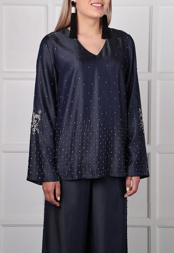 Choice Studded Tencel Denim Blouse Denim - Wardrobe Fashion