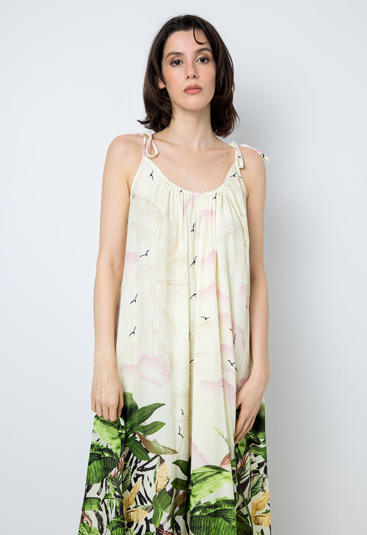 Choice Printed Strappy Midi Dress Beige-Print