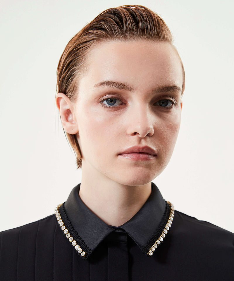Machka One Panel Pleated Rhinestone Blouse Black