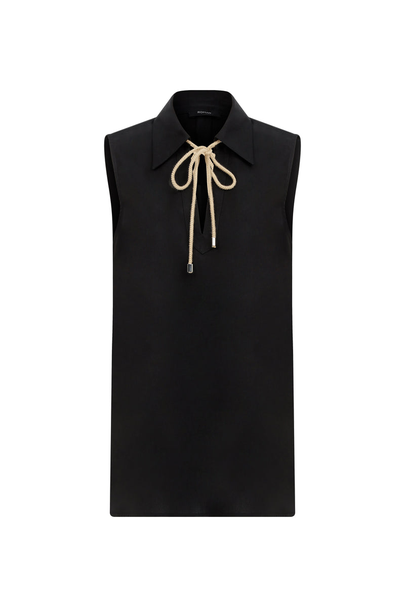 Roman Sleeveless Contrast Drawstring Detail Top Black