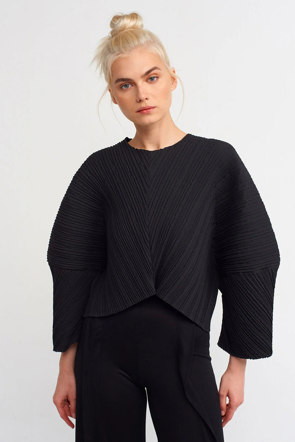 NU Asymmetrical Pleated Blouse Black