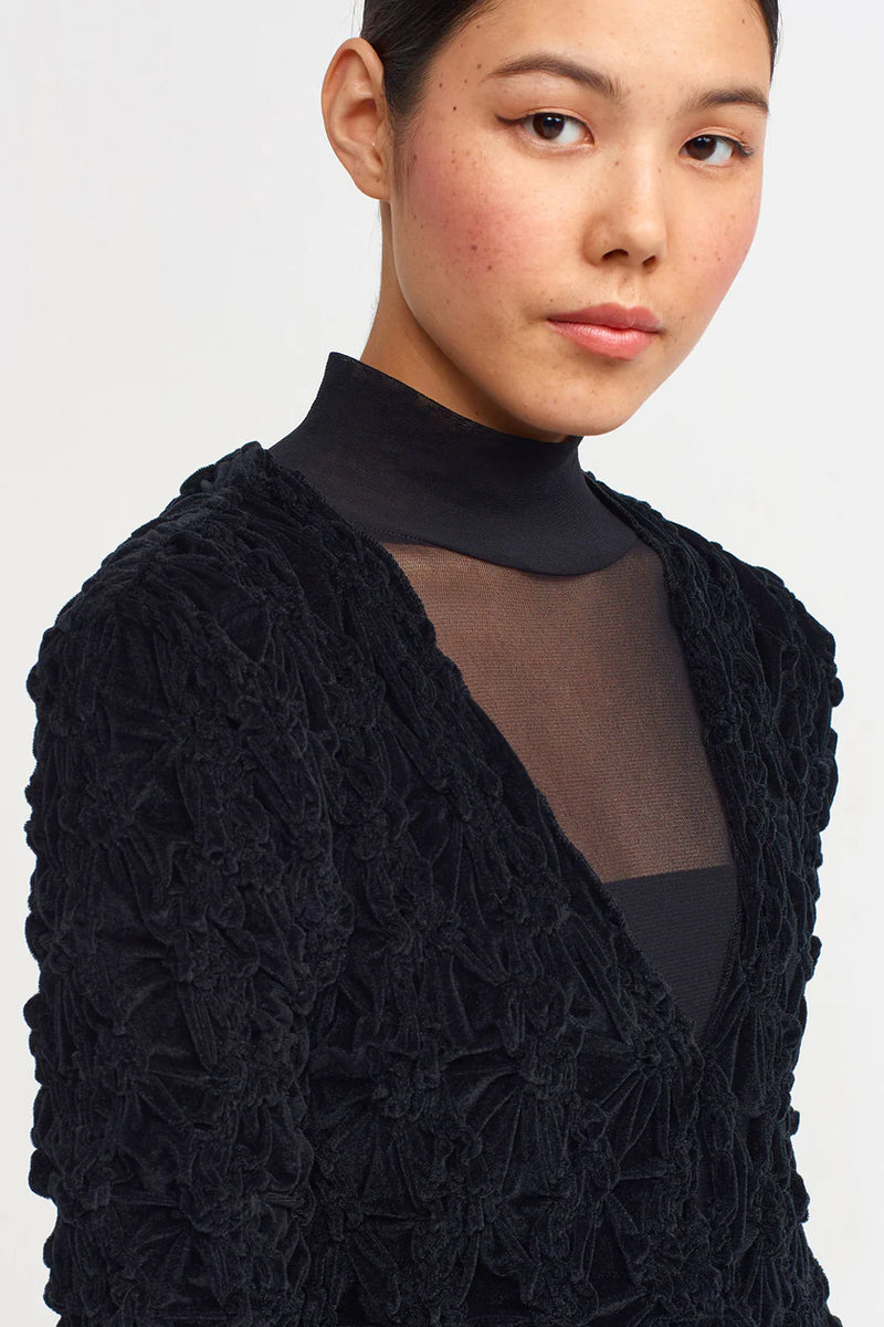 NU Velvet Shirred Detail Long Cardigan Black