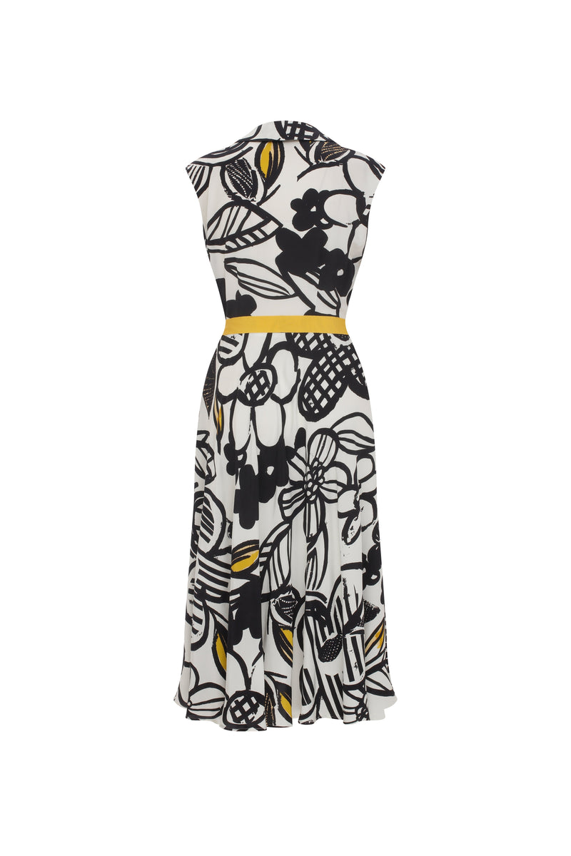 Roman Floral Pattern Belted Midi Dress Multi Color